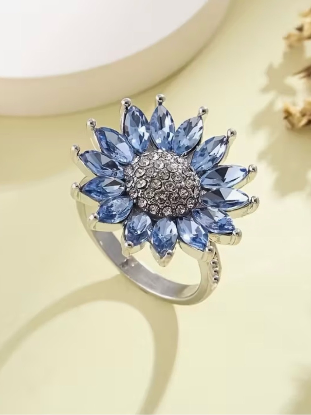Silver-Tone Sunflower Cocktail Ring with Light Blue Stones